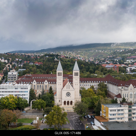 Aerial view of Piusz Church in Pecs, Hungary-stock-foto