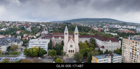 Aerial view of Piusz Church in Pecs, Hungary-stock-foto