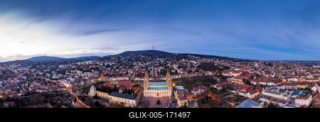 aerial view of Cathedral in Pecs at night-stock-foto