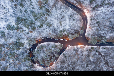 aerial view of curvy road with snowy forest-stock-foto