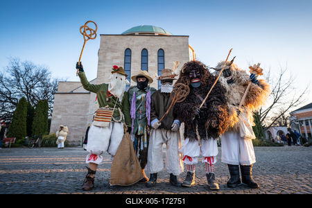 MOHACS, HUNGARY - FEBRUARY 14: Unidentified person wearing mask for spring greetings. In this year during the COVID pandemic the public Busojaras event was cancelled. February 14, 2021 in Mohacs, Hungary.-stock-foto