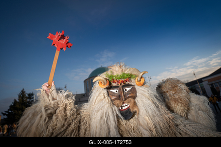 MOHACS, HUNGARY - FEBRUARY 14: Unidentified person wearing mask for spring greetings. In this year during the COVID pandemic the public Busojaras event was cancelled. February 14, 2021 in Mohacs, Hungary.-stock-foto