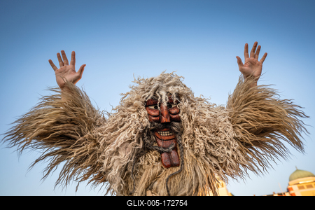MOHACS, HUNGARY - FEBRUARY 14: Unidentified person wearing mask for spring greetings. In this year during the COVID pandemic the public Busojaras event was cancelled. February 14, 2021 in Mohacs, Hungary.-stock-foto