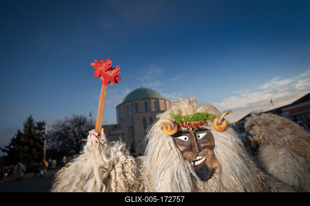 MOHACS, HUNGARY - FEBRUARY 14: Unidentified person wearing mask for spring greetings. In this year during the COVID pandemic the public Busojaras event was cancelled. February 14, 2021 in Mohacs, Hungary.-stock-foto