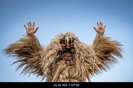 MOHACS, HUNGARY - FEBRUARY 14: Unidentified person wearing mask for spring greetings. In this year during the COVID pandemic the public Busojaras event was cancelled. February 14, 2021 in Mohacs, Hungary.-stock-foto