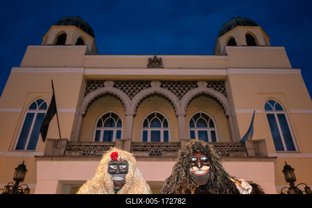 MOHACS, HUNGARY - FEBRUARY 16: Unidentified person wearing mask in Busojaras. In this year during the COVID pandemic the public Busojaras event was cancelled. February 16, 2021 in Mohacs, Hungary.-stock-foto