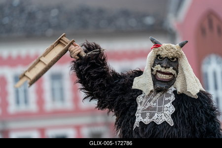 MOHACS, HUNGARY - FEBRUARY 16: Unidentified person wearing mask in Busojaras. In this year during the COVID pandemic the public Busojaras event was cancelled. February 16, 2021 in Mohacs, Hungary.-stock-foto