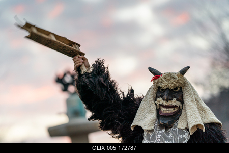 MOHACS, HUNGARY - FEBRUARY 16: Unidentified person wearing mask in Busojaras. In this year during the COVID pandemic the public Busojaras event was cancelled. February 16, 2021 in Mohacs, Hungary.-stock-foto