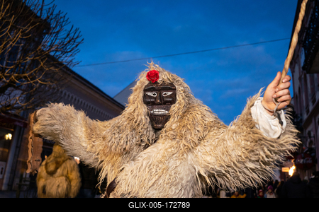 MOHACS, HUNGARY - FEBRUARY 16: Unidentified person wearing mask in Busojaras. In this year during the COVID pandemic the public Busojaras event was cancelled. February 16, 2021 in Mohacs, Hungary.-stock-foto