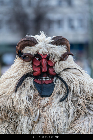 MOHACS, HUNGARY - FEBRUARY 16: Unidentified person wearing mask in Busojaras. In this year during the COVID pandemic the public Busojaras event was cancelled. February 16, 2021 in Mohacs, Hungary.-stock-foto