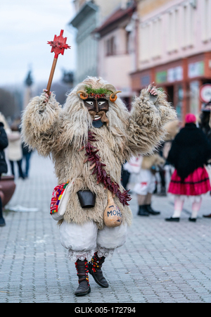 MOHACS, HUNGARY - FEBRUARY 16: Unidentified person wearing mask in Busojaras. In this year during the COVID pandemic the public Busojaras event was cancelled. February 16, 2021 in Mohacs, Hungary.-stock-foto