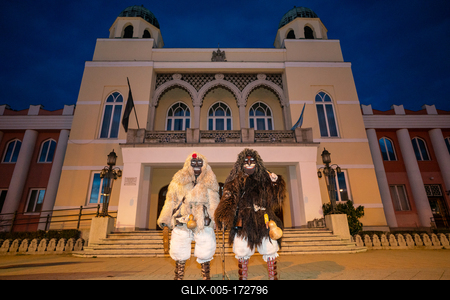 MOHACS, HUNGARY - FEBRUARY 16: Unidentified person wearing mask in Busojaras. In this year during the COVID pandemic the public Busojaras event was cancelled. February 16, 2021 in Mohacs, Hungary.-stock-foto