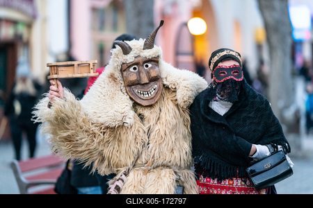 MOHACS, HUNGARY - FEBRUARY 16: Unidentified person wearing mask in Busojaras. In this year during the COVID pandemic the public Busojaras event was cancelled. February 16, 2021 in Mohacs, Hungary.-stock-foto