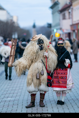 MOHACS, HUNGARY - FEBRUARY 16: Unidentified person wearing mask in Busojaras. In this year during the COVID pandemic the public Busojaras event was cancelled. February 16, 2021 in Mohacs, Hungary.-stock-foto