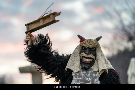 MOHACS, HUNGARY - FEBRUARY 16: Unidentified person wearing mask in Busojaras. In this year during the COVID pandemic the public Busojaras event was cancelled. February 16, 2021 in Mohacs, Hungary.-stock-foto
