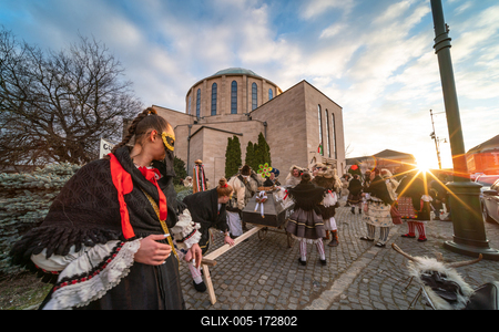 MOHACS, HUNGARY - FEBRUARY 16: Unidentified person wearing mask in Busojaras. In this year during the COVID pandemic the public Busojaras event was cancelled. February 16, 2021 in Mohacs, Hungary.-stock-foto