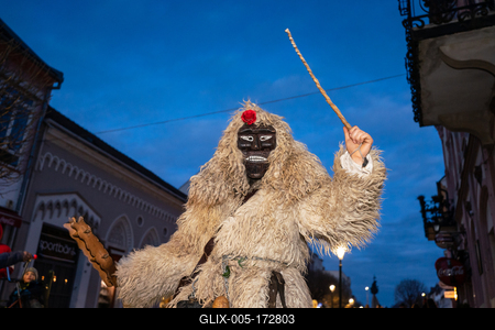 MOHACS, HUNGARY - FEBRUARY 16: Unidentified person wearing mask in Busojaras. In this year during the COVID pandemic the public Busojaras event was cancelled. February 16, 2021 in Mohacs, Hungary.-stock-foto
