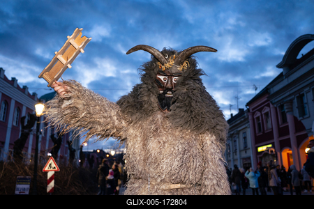 MOHACS, HUNGARY - FEBRUARY 16: Unidentified person wearing mask in Busojaras. In this year during the COVID pandemic the public Busojaras event was cancelled. February 16, 2021 in Mohacs, Hungary.-stock-foto
