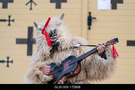 MOHACS, HUNGARY - FEBRUARY 16: Unidentified person wearing mask in Busojaras. In this year during the COVID pandemic the public Busojaras event was cancelled. February 16, 2021 in Mohacs, Hungary.-stock-foto