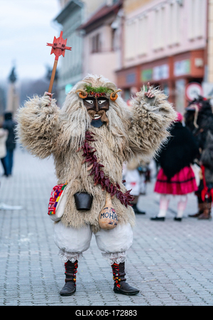 MOHACS, HUNGARY - FEBRUARY 16: Unidentified person wearing mask in Busojaras. In this year during the COVID pandemic the public Busojaras event was cancelled. February 16, 2021 in Mohacs, Hungary.-stock-foto