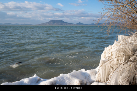 Beautiful frozen Lake Balaton with steel steps-stock-foto