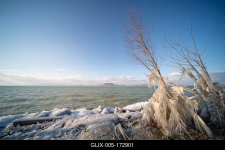 Beautiful frozen Lake Balaton with steel steps-stock-foto