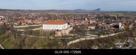 Aerial photo from Siklos castle with Tenkes mountain-stock-foto