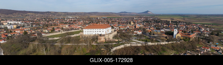 Aerial photo from Siklos castle with Tenkes mountain-stock-foto