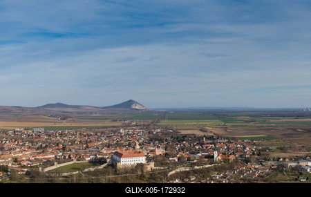Aerial photo from Siklos castle with Tenkes mountain-stock-foto