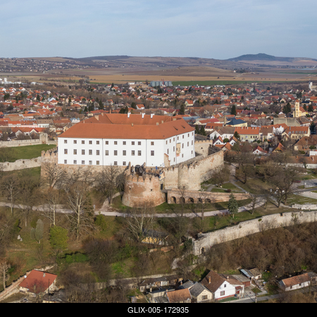Aerial photo from Siklos castle with Tenkes mountain-stock-foto