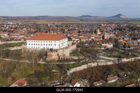 Aerial photo from Siklos castle with Tenkes mountain-stock-foto