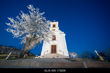 Small chapel with almond tree, called havas boldogasszony templom-stock-foto