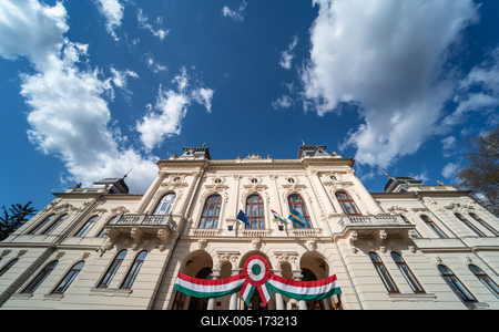 Town hall in Kisujszallas with march 15 decoriation-stock-foto