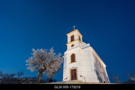 Small chapel with almond tree, called havas boldogasszony templom-stock-foto