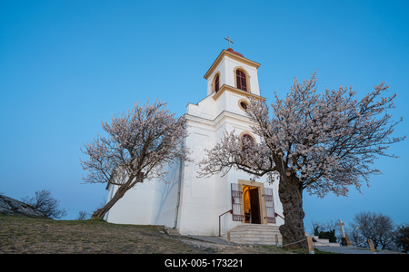 Small chapel with almond tree, called havas boldogasszony templom-stock-foto