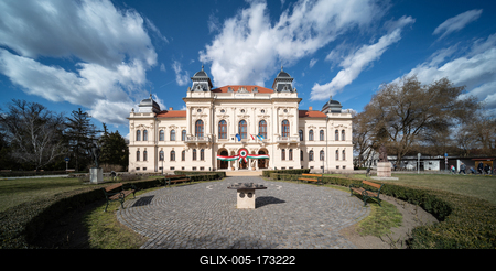 Town hall in Kisujszallas with march 15 decoriation-stock-foto