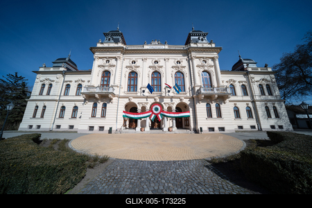 Town hall in Kisujszallas with march 15 decoriation-stock-foto