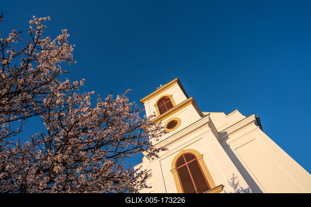 Small chapel with almond tree, called havas boldogasszony templom-stock-foto