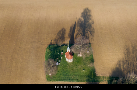 aerial photo of a small chapel with morning sunshine-stock-foto