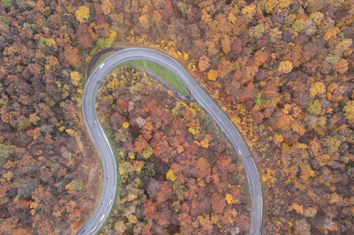 aerial view of Curvy road with autumn forest-stock-foto