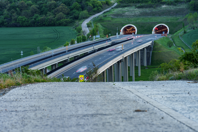 Hungarian M6 highway with tunel at evening-stock-foto