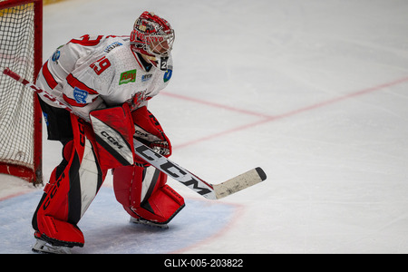 BUDAPEST - FEBRUARY 2: MAC Budapest (Budapest Jégkorong Akadémia Hockey Club) (blue) and Gyergyoi HK  (white) ice hockey teams participate in Championship, February 2, 2024 in Budapest, Hungary.-stock-foto