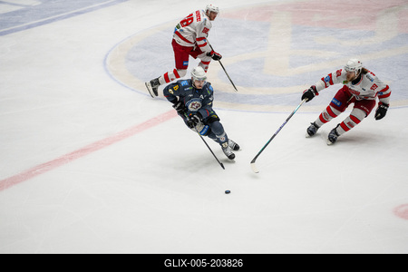 BUDAPEST - FEBRUARY 2: MAC Budapest (Budapest Jégkorong Akadémia Hockey Club) (blue) and Gyergyoi HK  (white) ice hockey teams participate in Championship, February 2, 2024 in Budapest, Hungary.-stock-foto