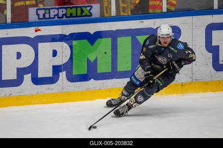 BUDAPEST - FEBRUARY 2: MAC Budapest (Budapest Jégkorong Akadémia Hockey Club) (blue) and Gyergyoi HK  (white) ice hockey teams participate in Championship, February 2, 2024 in Budapest, Hungary.-stock-foto