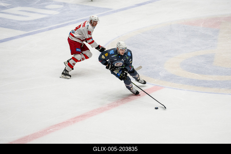 BUDAPEST - FEBRUARY 2: MAC Budapest (Budapest Jégkorong Akadémia Hockey Club) (blue) and Gyergyoi HK  (white) ice hockey teams participate in Championship, February 2, 2024 in Budapest, Hungary.-stock-foto