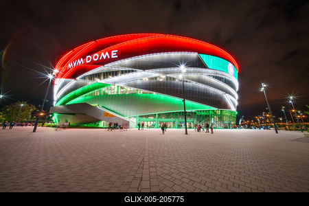 Budapest, Hungary -- May 07, 2024 A view of the monumental MVM Dome sport arena-stock-foto