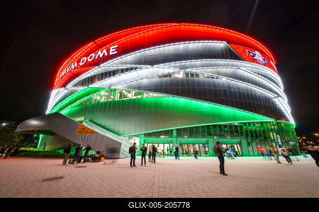 Budapest, Hungary -- May 07, 2024 A view of the monumental MVM Dome sport arena-stock-foto