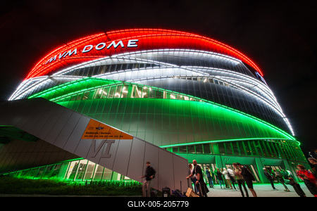 Budapest, Hungary -- May 07, 2024 A view of the monumental MVM Dome sport arena-stock-foto