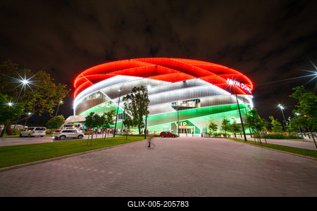 Budapest, Hungary -- May 07, 2024 A view of the monumental MVM Dome sport arena-stock-foto