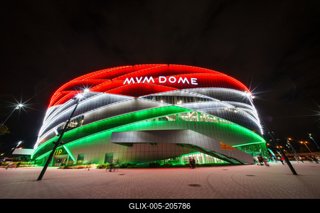Budapest, Hungary -- May 07, 2024 A view of the monumental MVM Dome sport arena-stock-foto